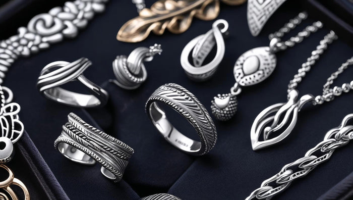 Mixed 925 Italy silver jewelry including rings, pendants, and chains with textured and modern detailing.