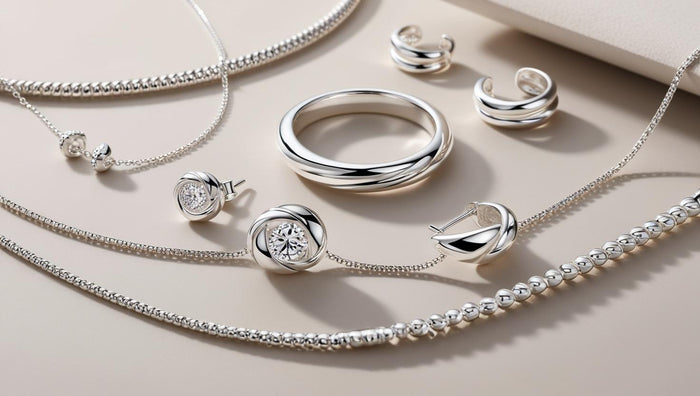 Assorted Italian 925 Silver jewelry pieces including rings, necklaces, and earrings arranged on a neutral beige surface.