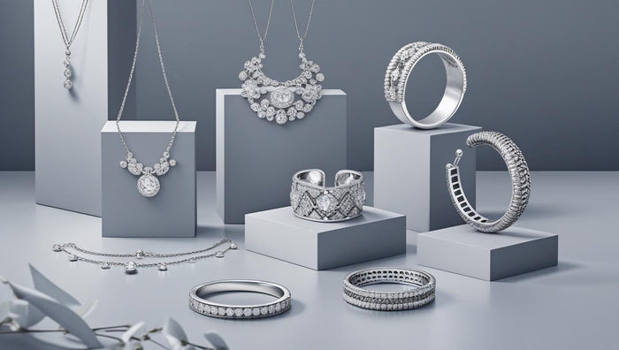 Elegant silver necklaces, bangles, and rings arranged on minimalist pedestals, showcasing luxury Italian 925 Silver designs.