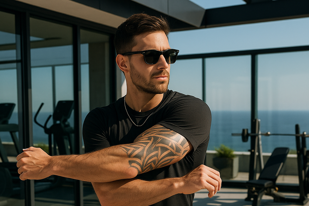 Man with tattoos stretching outdoors on a rooftop with ocean view