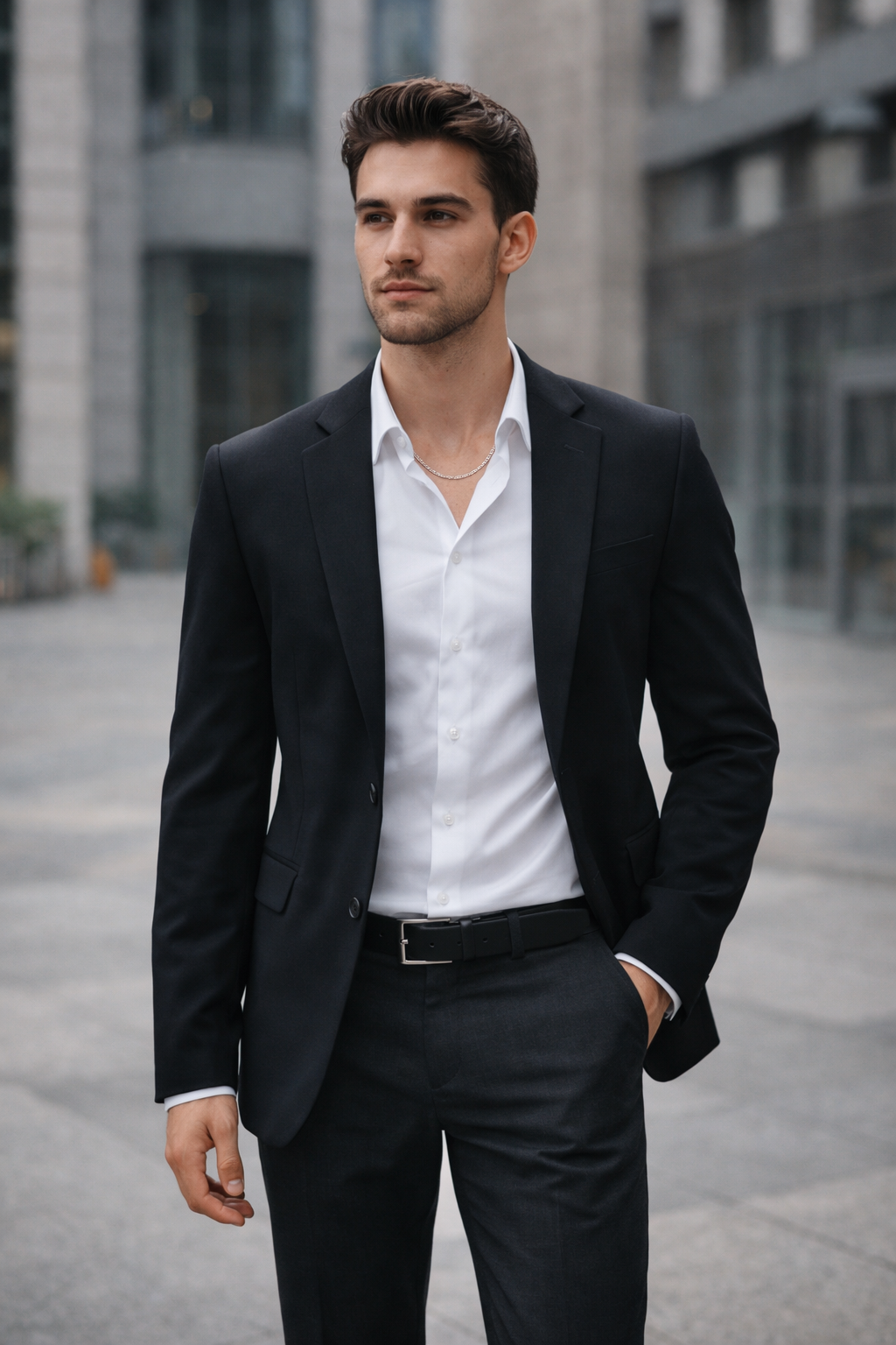 Man wearing Teddy Howler Franco chain necklace and wearing a black suit and white shirt in an urban setting