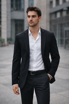 Man wearing Teddy Howler Franco chain necklace and wearing a black suit and white shirt in an urban setting