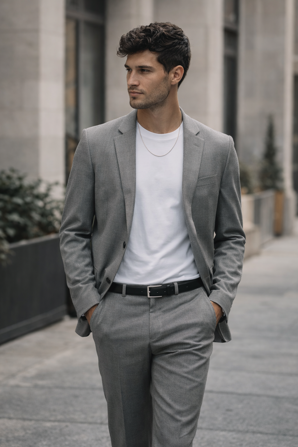 Man wearing Teddy Howler Franco chain necklace and a gray suit with a white shirt on a city street.