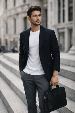 Man wearing a Teddy Howler Curb SF Pavé Bracelet in formal attire standing on steps with a blurred city background