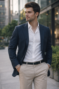 Man wearing a navy blazer, white shirt, and beige pants and wearing a Teddy Howler Curb SF Pavé Bracelet standing outdoors.