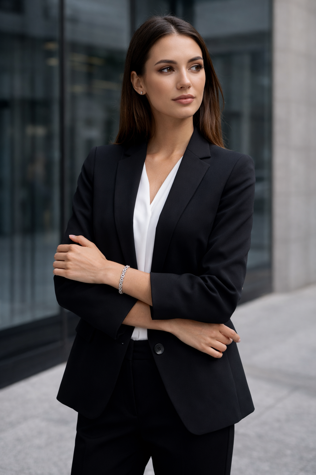Woman in a black suit wearing a Teddy Howler Curb SF Pavé Bracelet standing in front of a modern building.