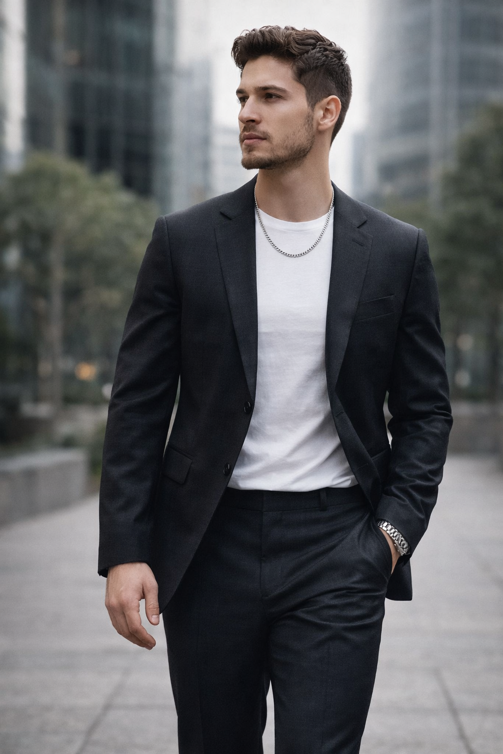 Man wearing a Teddy Howler Pave necklace and a black suit and white shirt in an urban setting