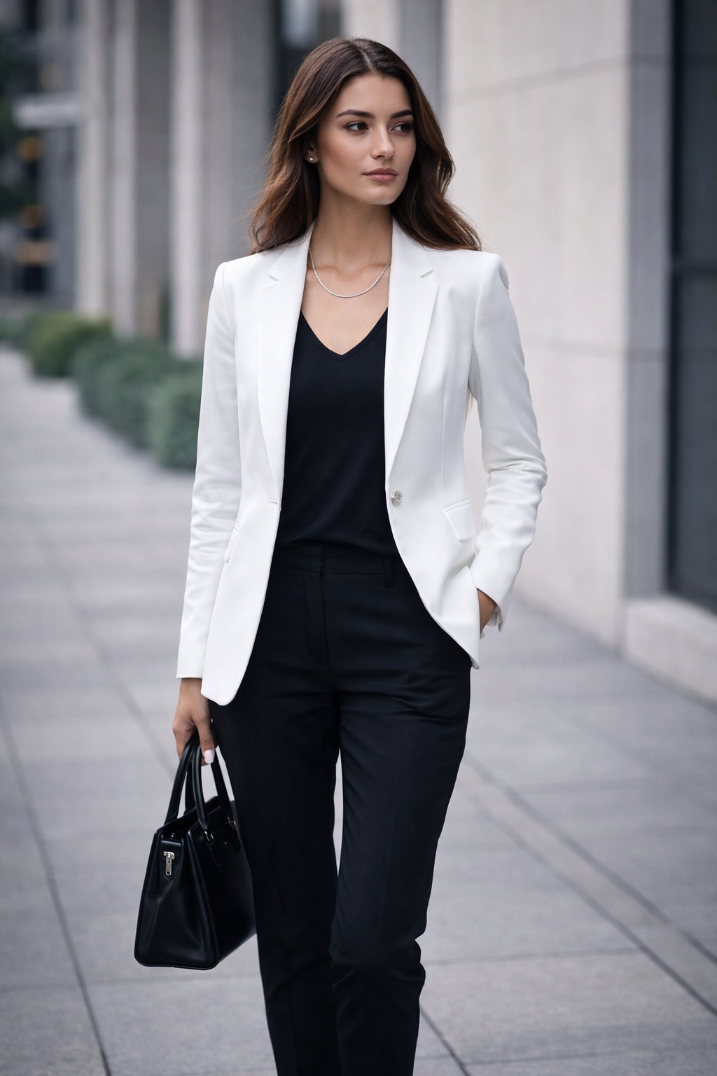 Woman wearing Teddy Howler box chain necklace and a white blazer over a black outfit with a black handbag on a city street.