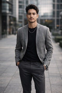 Man in a gray blazer and black shirt wearing Teddy Howler box chain necklace standing in an urban setting