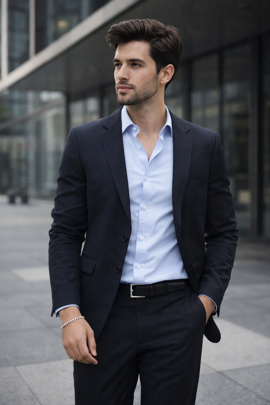 Man wearing a dark suit and light blue shirt standing outdoors wearing Teddy Howler Box chain bracelet.