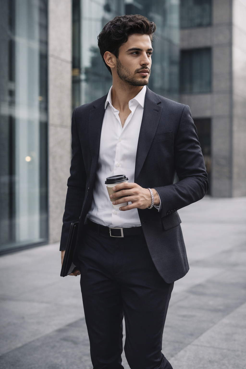 Man in a suit wearing a Teddy Howler double link chain bracelet holding a coffee cup in an urban setting