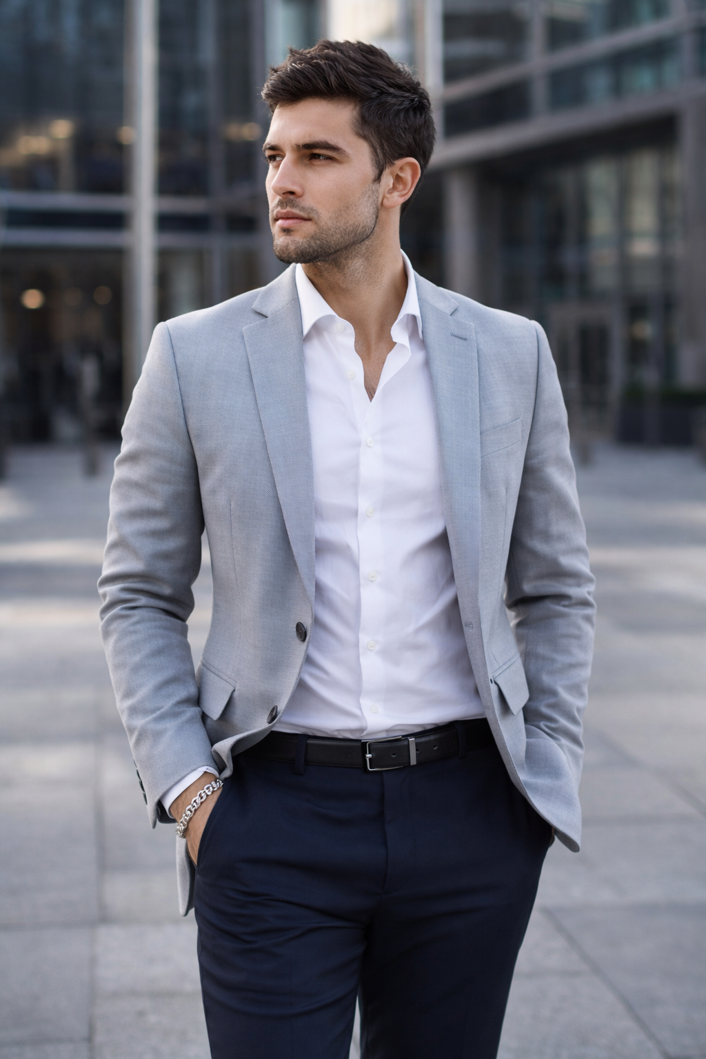 Man wearing a light gray blazer over a white shirt and dark pants and wearing a Teddy Howler double link chain bracelet in an urban setting.