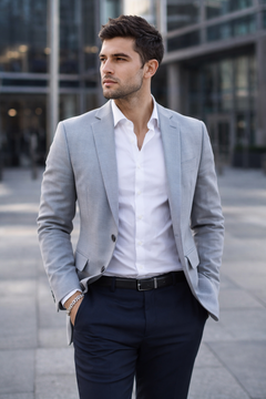 Man wearing a light gray blazer over a white shirt and dark pants and wearing a Teddy Howler double link chain bracelet in an urban setting.