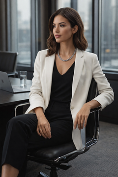Woman wearing a Teddy Howler Double link chain necklace in a professional setting wearing a white blazer and black dress.