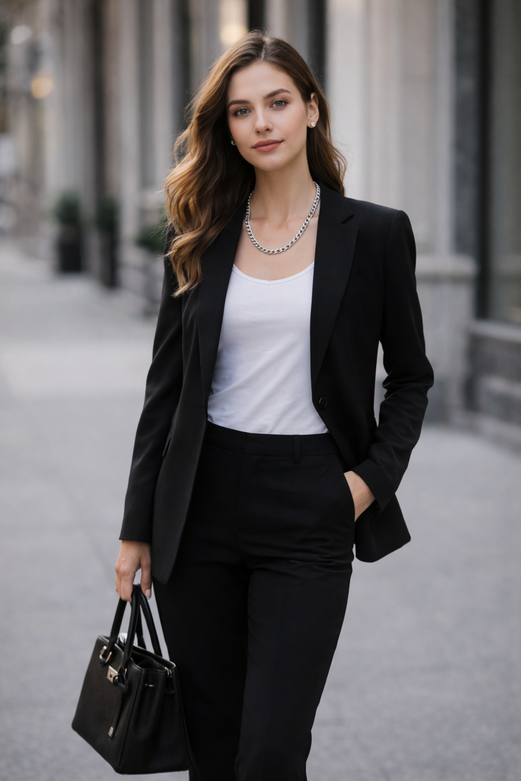 Woman wearing a Teddy Howler Double link chain necklace in a black blazer and white top walking on a city street.