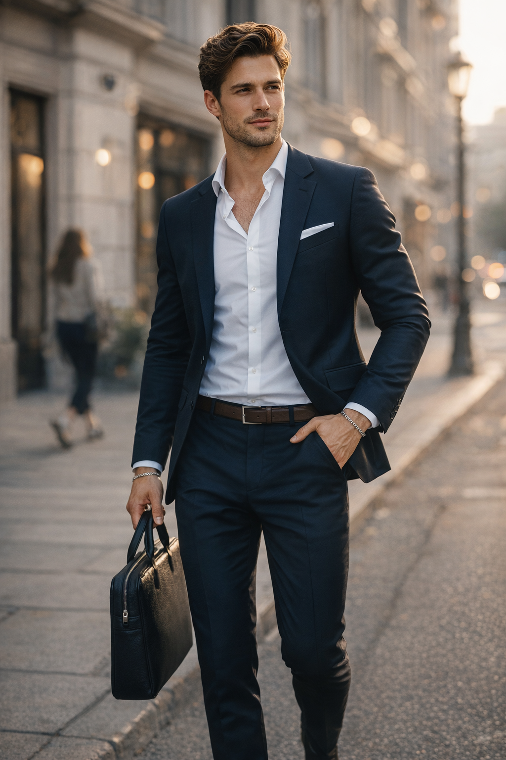 Man wearing Teddy Howler hollow curb bracelet  in a dark suit walking down a city street