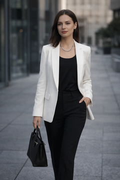 Woman wearing a Teddy Howler hollow curb necklace and in a white blazer and black pants walking on a city street.