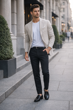 Man in a light gray blazer, white shirt, and black pants wearing Teddy Howler hollow curb bracelet standing on a city street.