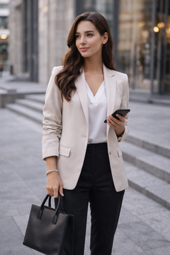 Woman in professional attire wearing Teddy Howler hollow curb bracelet holding a phone and black handbag on a city street.