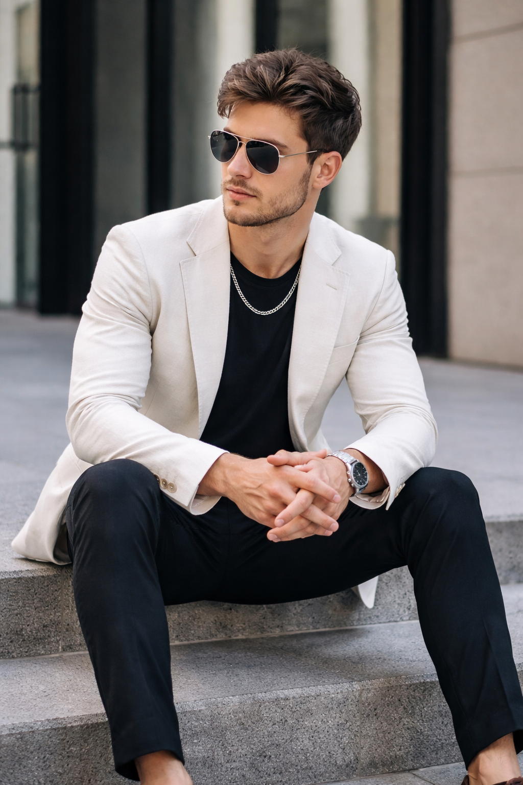 Man wearing a Teddy Howler hollow curb necklace and white blazer and black pants sitting on steps outdoors.