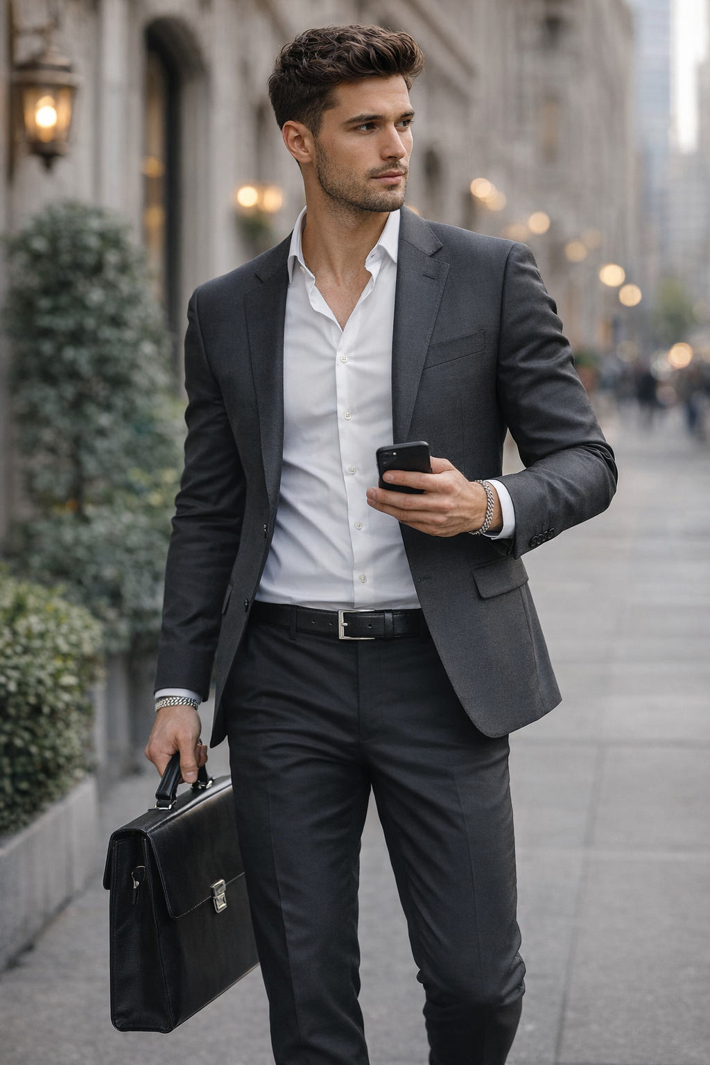 Man wearing a Teddy Howler tiger eye silver bracelet in a gray suit holding a briefcase and smartphone on a city street.