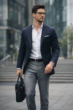 Man in formal attire wearing a Teddy Howler tiger eye silver bracelet with a dark suit and gray pants, holding a black briefcase, standing in an urban setting.