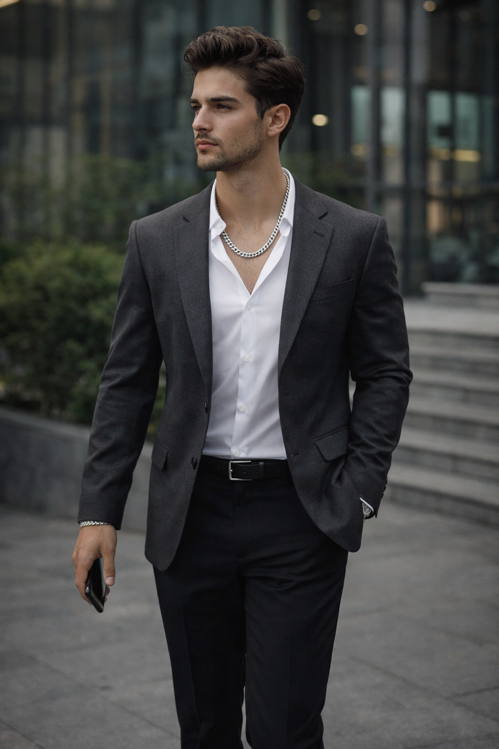 Man wearing a Teddy Howler Double link chain necklace in a suit walking outdoors with a blurred background