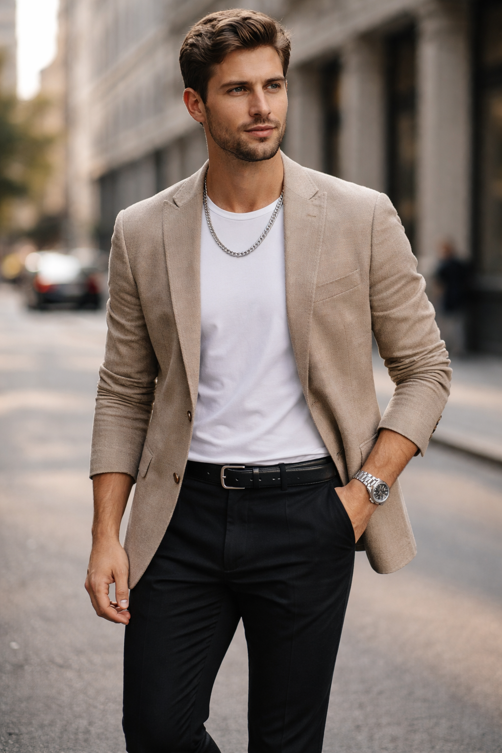 Man wearing a Teddy Howler Double link chain necklace wearing a beige blazer over a white shirt with black pants on a city street.
