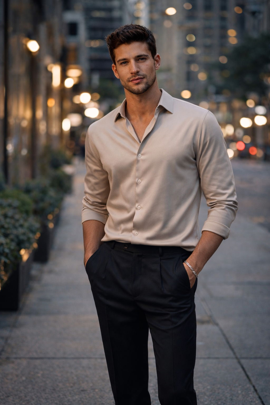 Man in a light shirt and dark pants standing on a city street wearing Teddy Howler Box chain bracelet.