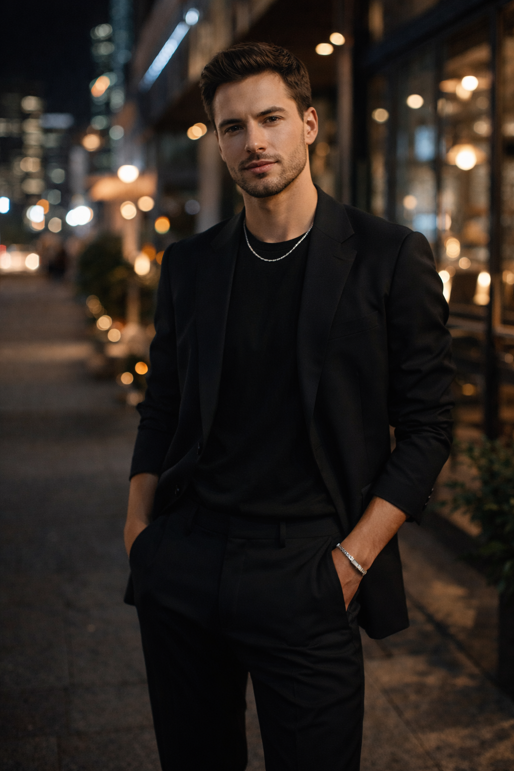 Man in a black suit standing in an urban setting at night wearing Teddy Howler Box chain bracelet.
