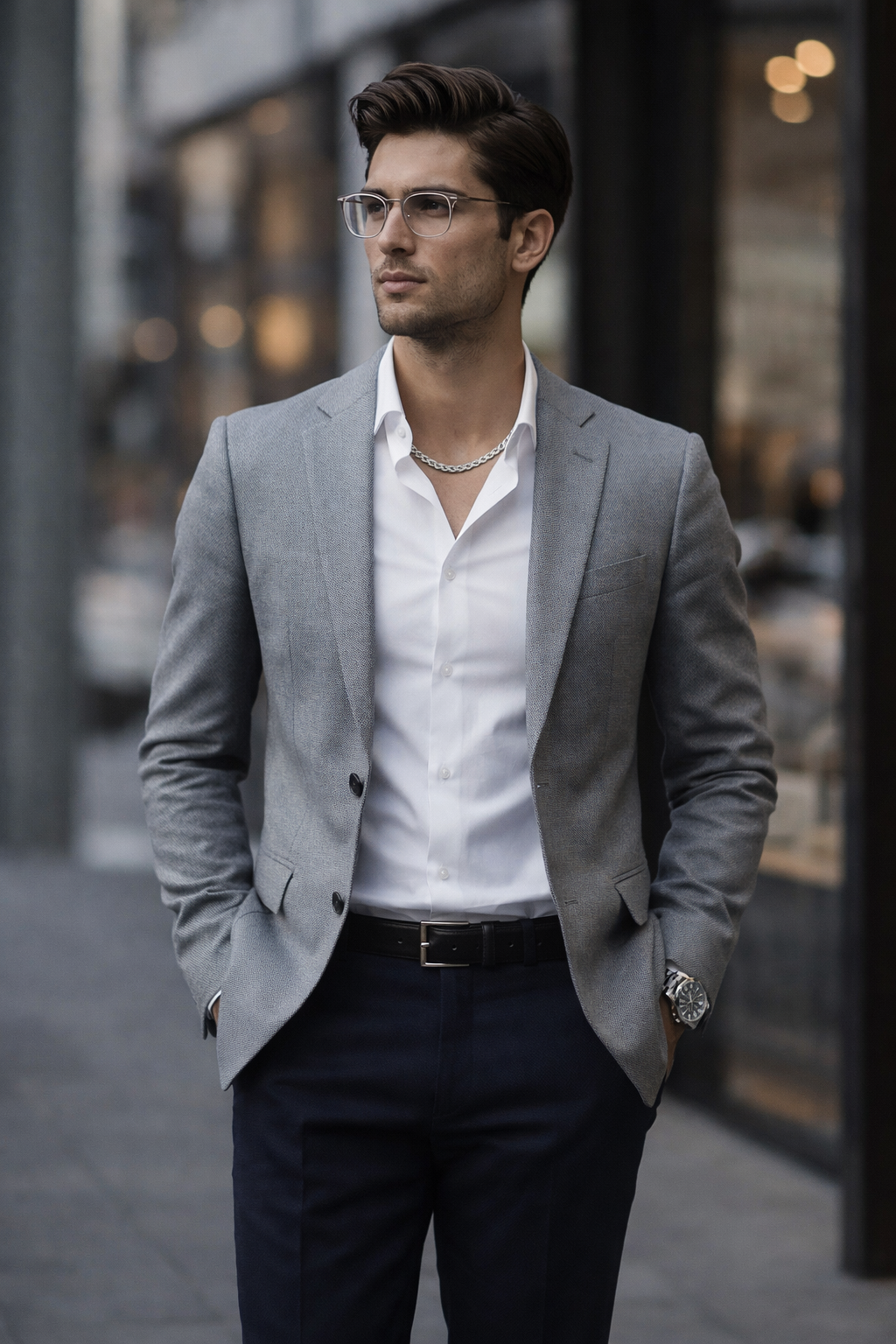 Man wearing a Teddy Howler Tiger Eye Italian Silver necklace wearing a gray blazer over a white shirt with a blurred city street background